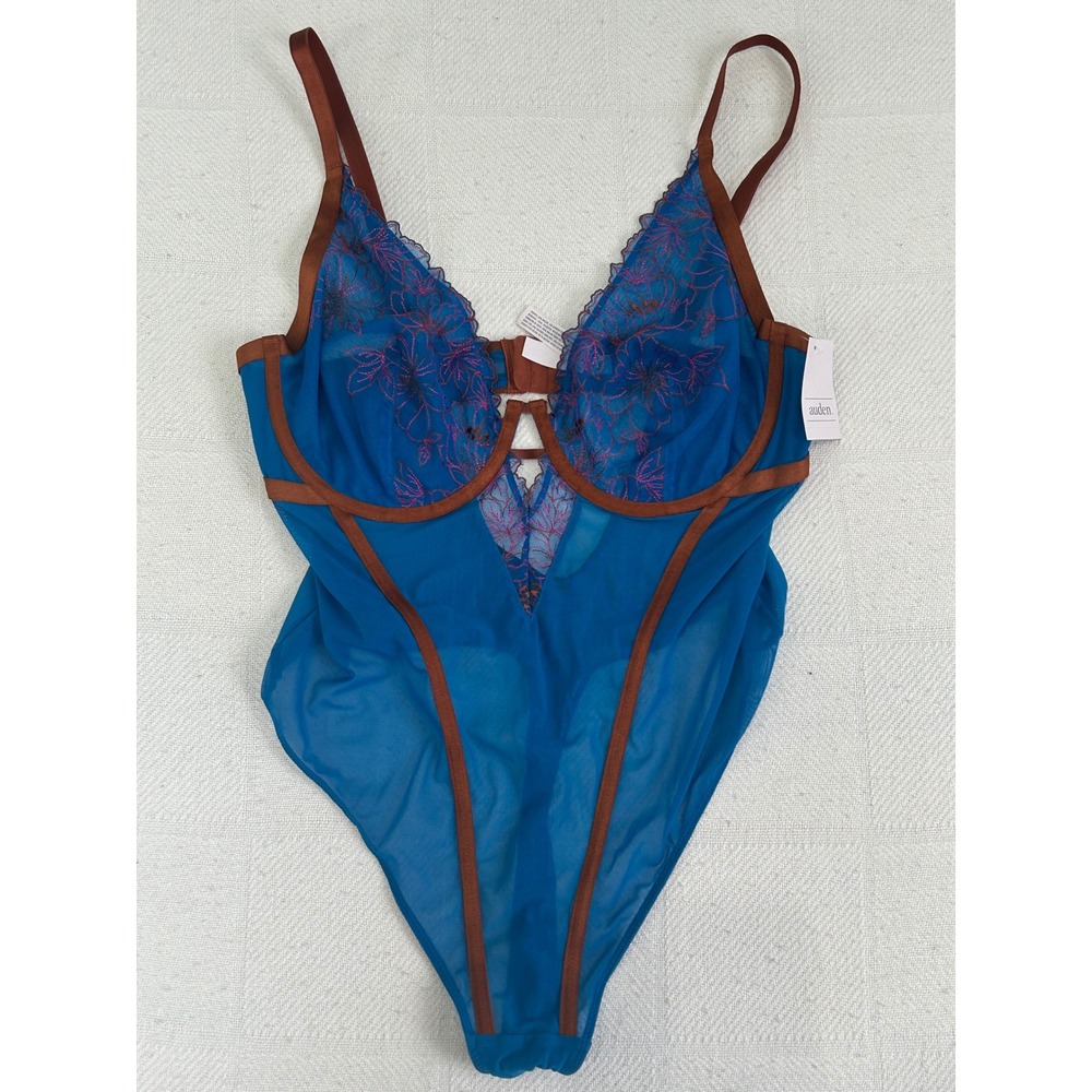 Auden Blue Floral Embroidered Mesh Underwire Bodysuit sexy lingerieLarge NWT